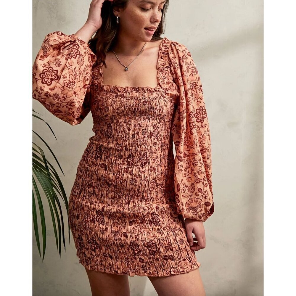 Free People Smock It To Me Mini Dress in Apricot Combo Medium Balloon Sleeve